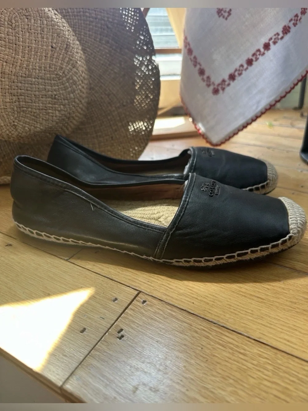 COACH Rhodelle Leather Espadrilles Slip On Sandals Black Women’s US Size 9.5